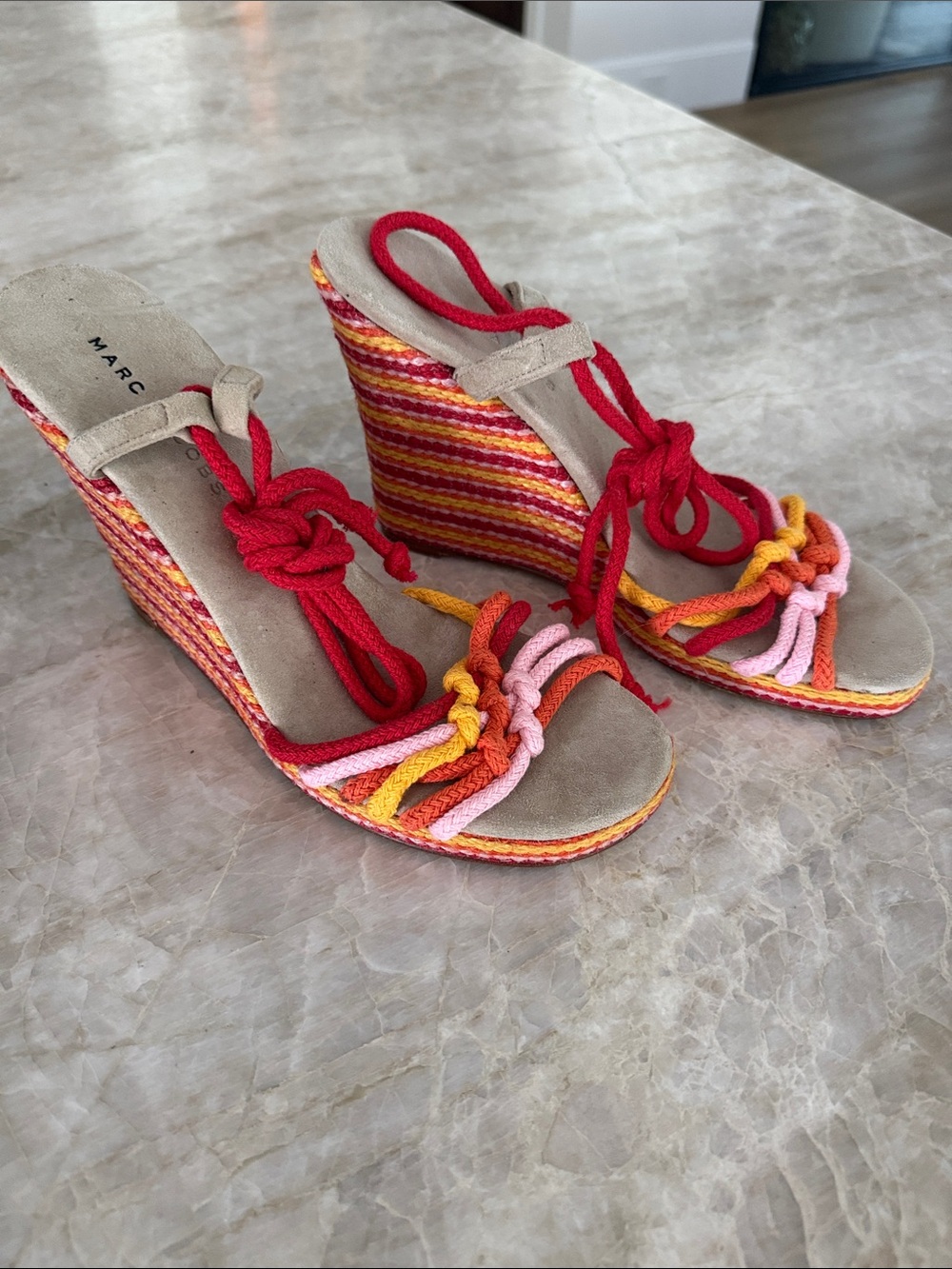 Marc Jacobs Multicolor Braided Rope Wedge Sandals in Red, Pink and Yellow